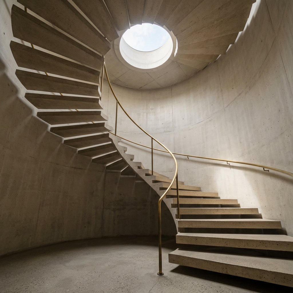 Sculptural concrete spiral staircase lit by a single overhead skylight