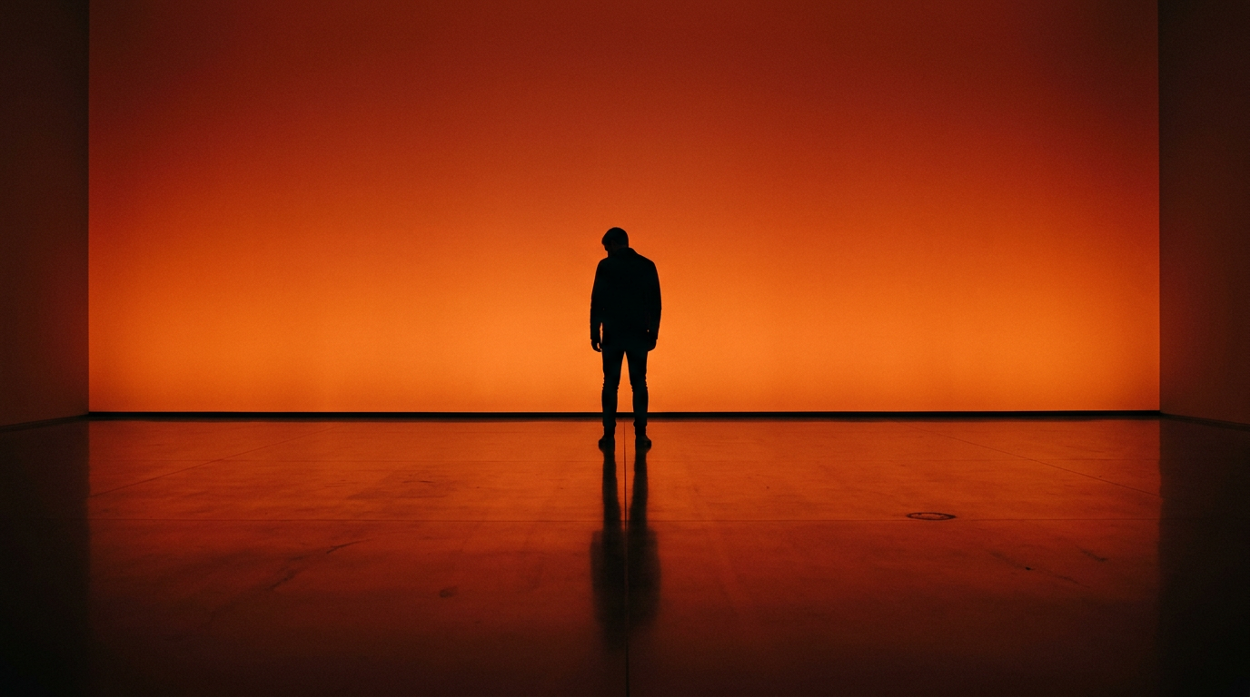 Lone figure in silhouette against an orange-red gradient backdrop with a reflective floor