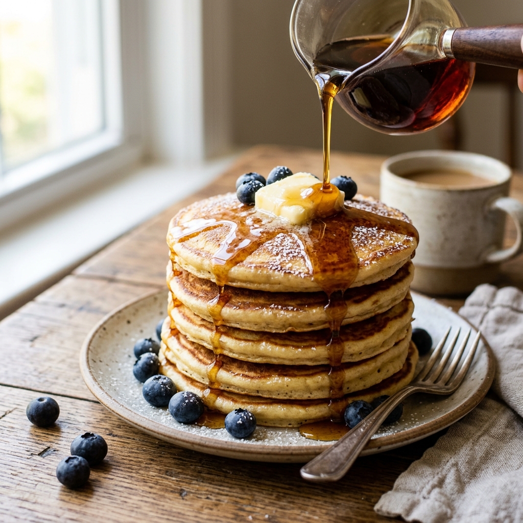Tall stack of buttermilk pancakes with melting butter and maple syrup mid-pour