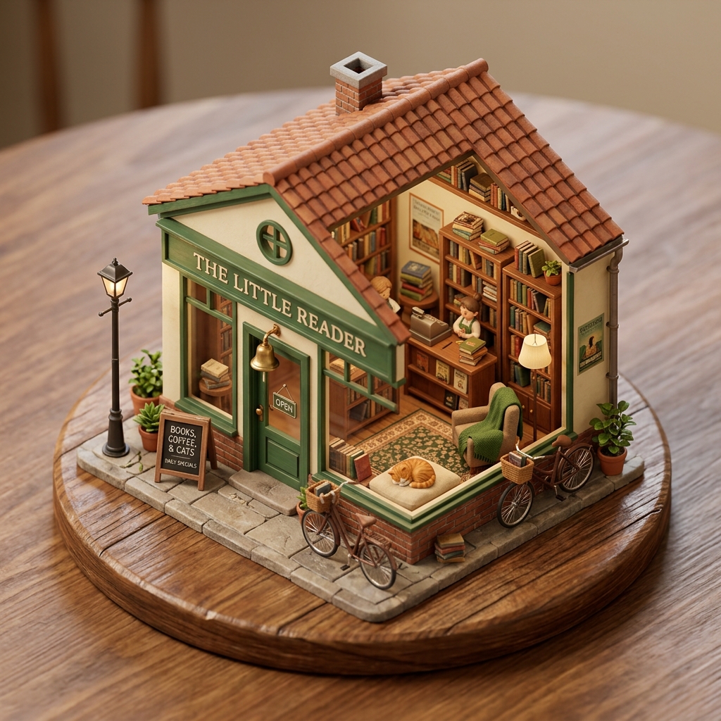 Isometric miniature diorama of a cozy bookshop with a cat curled up in a reading nook