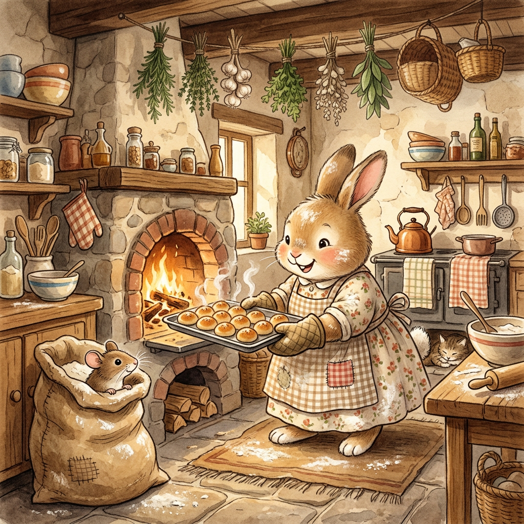 Storybook illustration of a rabbit baker pulling golden buns from a wood-fired oven