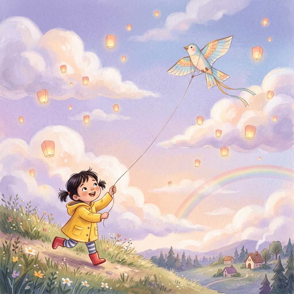 Storybook illustration of a child in a yellow raincoat flying a bird-shaped kite through pastel clouds