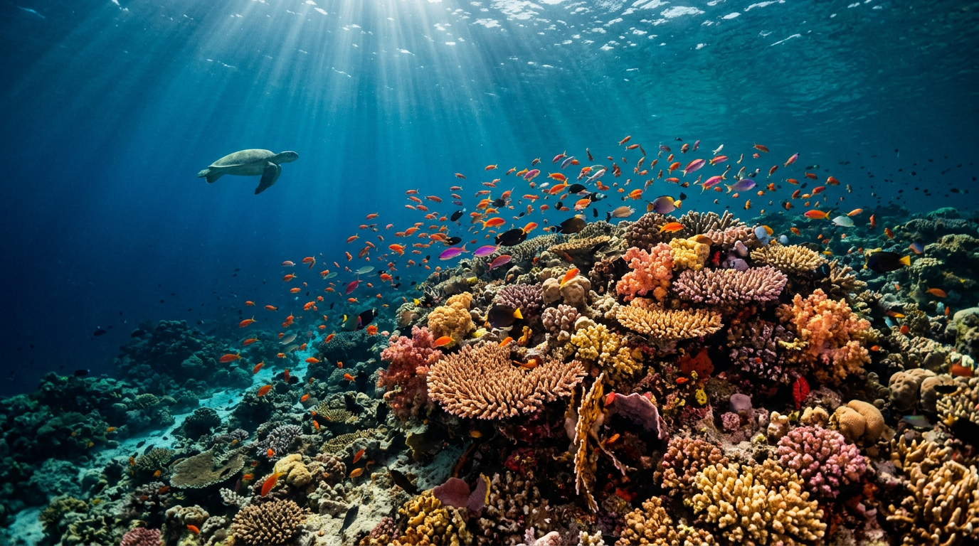 Sunbeams piercing deep blue water above a coral reef with tropical fish and a sea turtle