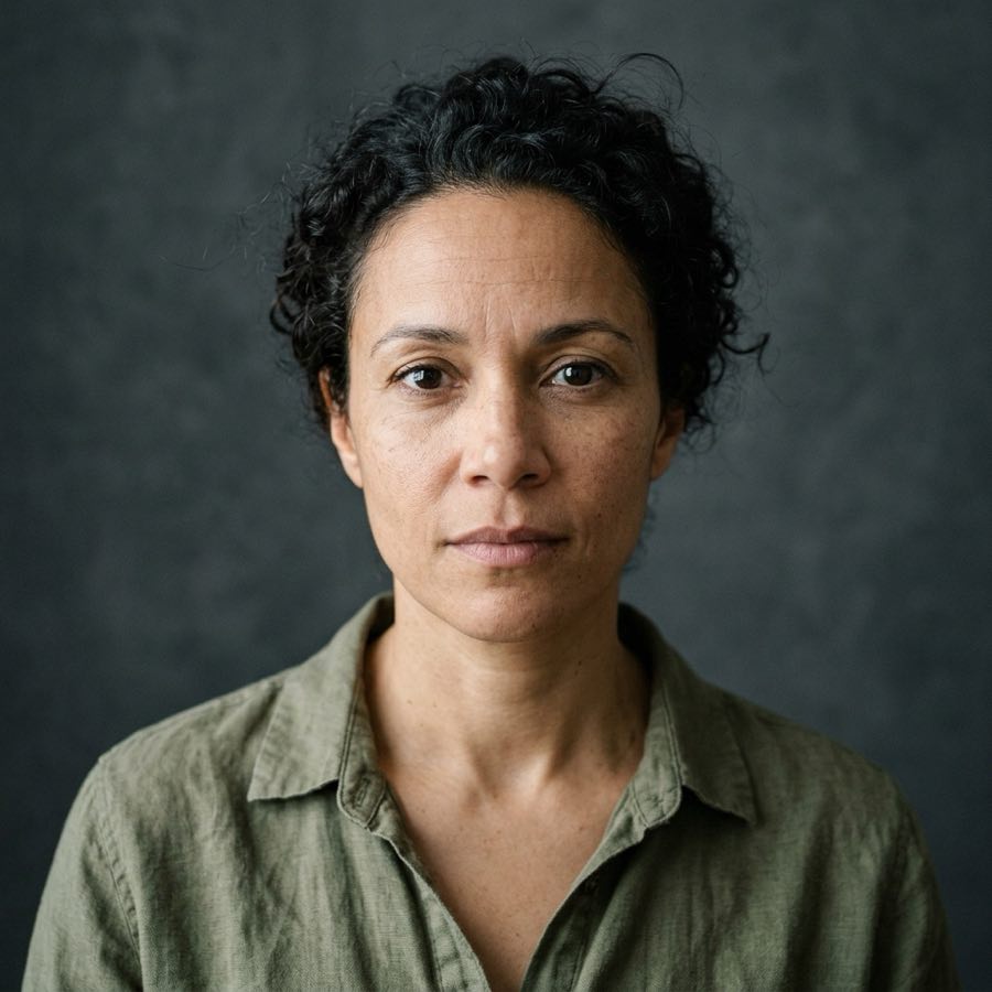 Close studio portrait of a woman with short natural curls and freckles against a charcoal background