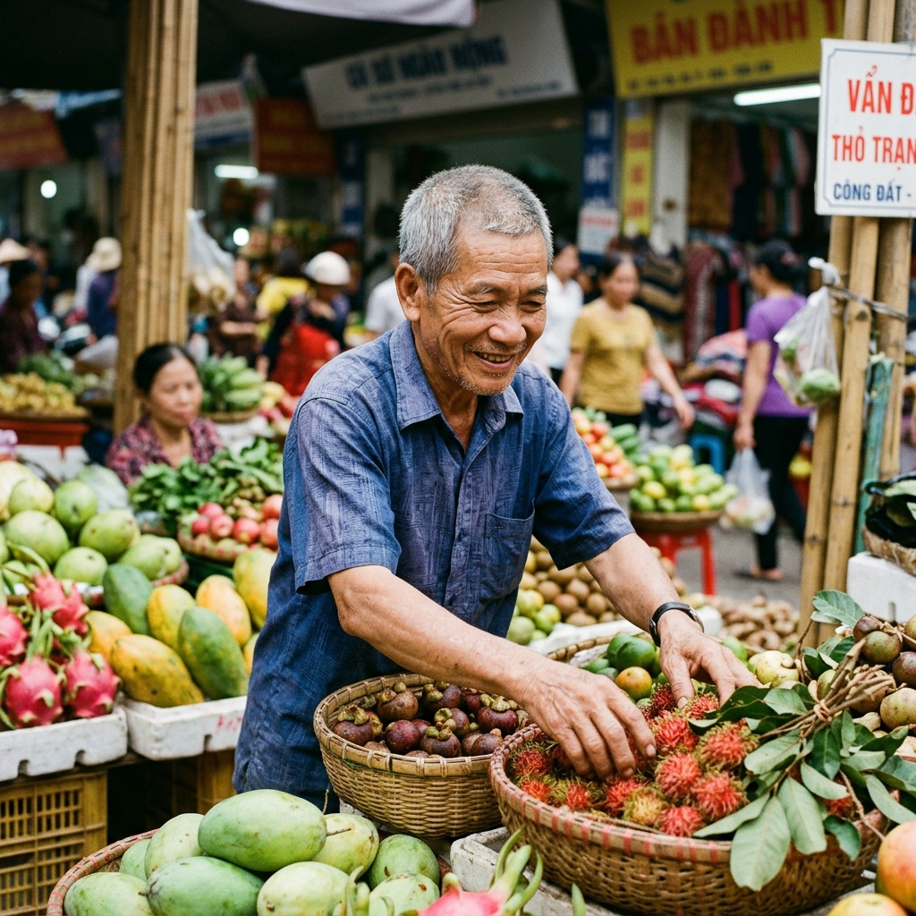 Elderly Southeast Asian man smiling while arranging produce at a morning market stall