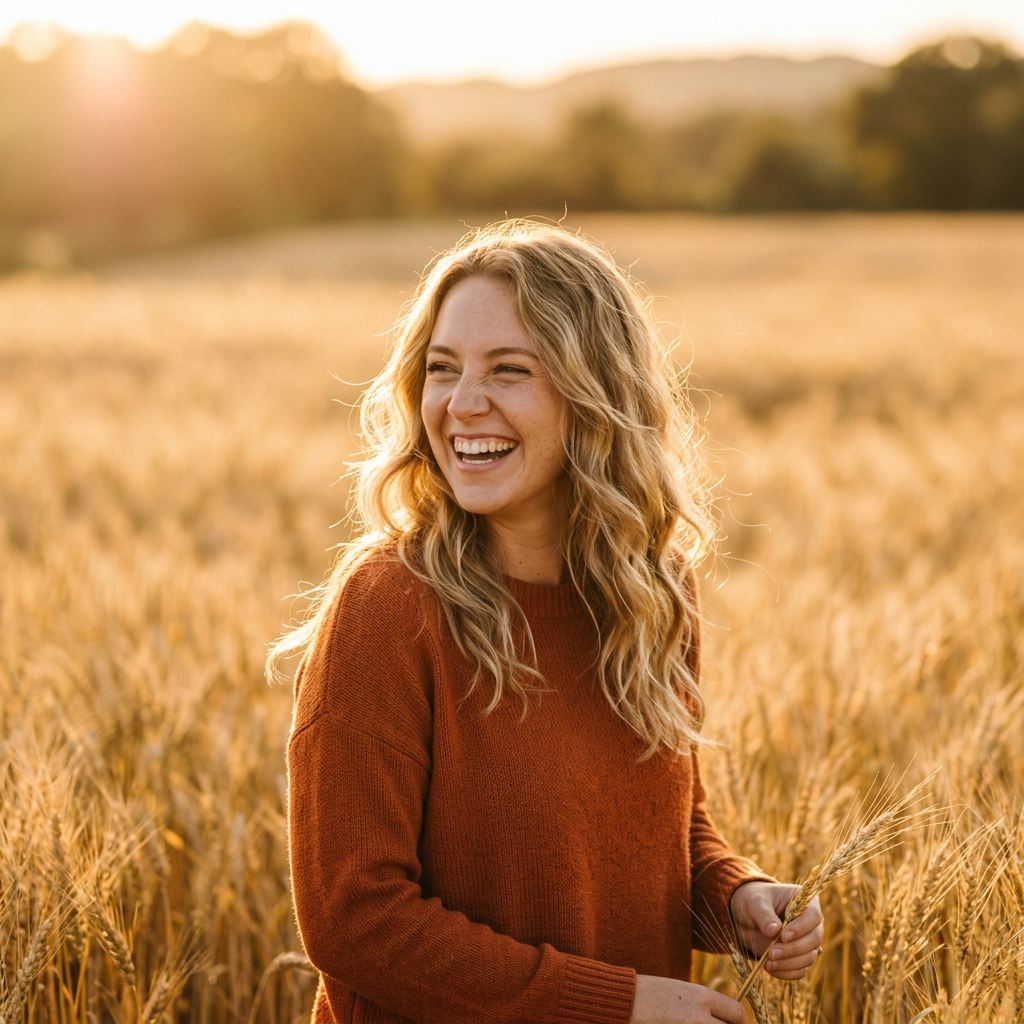 Person laughing candidly, backlit by golden-hour sun in front of a blurred wheat field