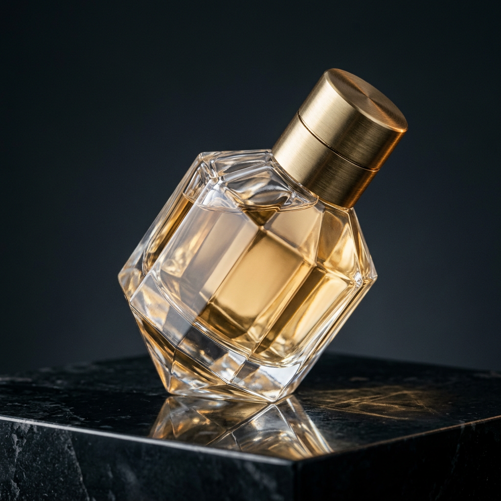 Faceted glass perfume bottle with a brushed brass cap on a polished obsidian slab