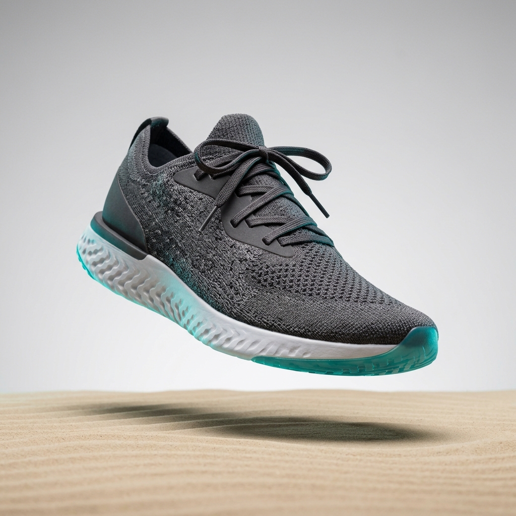 Knitted charcoal running shoe with a translucent teal sole floating above a sandy surface
