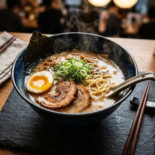 Steaming bowl of tonkotsu ramen with a soft-boiled egg, chashu pork, and scallions