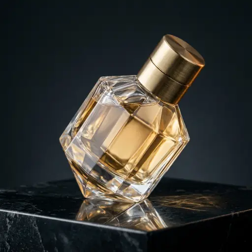 Faceted glass perfume bottle with a brushed brass cap on a polished obsidian slab