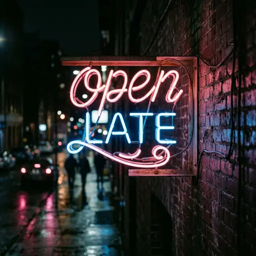 Vintage neon sign reading OPEN LATE in pink and blue cursive script on a brick wall at night